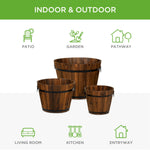 Set of 3 Rustic Wood Bucket Barrel Garden Planters Set w/ Drainage Holes