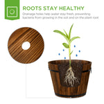 Set of 3 Rustic Wood Bucket Barrel Garden Planters Set w/ Drainage Holes